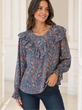 Sézane West Shirt Ranch Marine Multi-Color Paisley Floral Ruffle Blouse